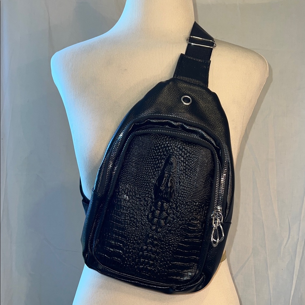 Black Croc-Embossed Sling Bag Unisex - Unbranded Adjustable Strap